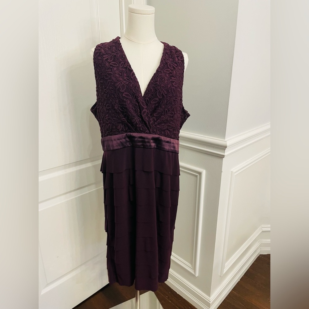 Jones Wear Plum Lace Bodice Tiered Chiffon Midi Dress